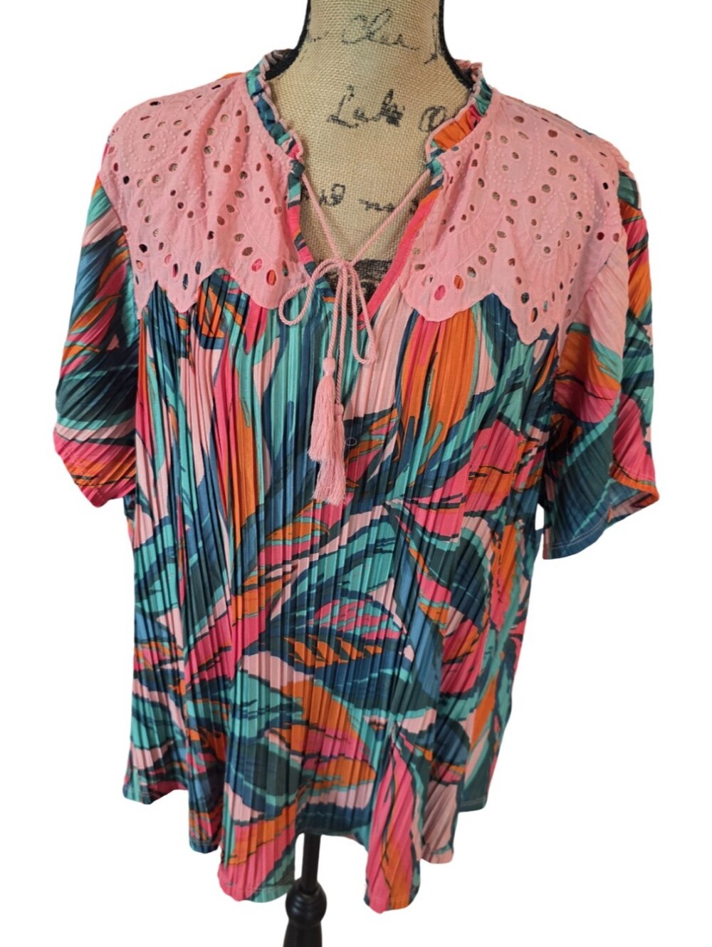 Rio‎ & Rian Pink Eyelet-Collar Floral Pleated Women's Top Shirt Plus Size 2X New